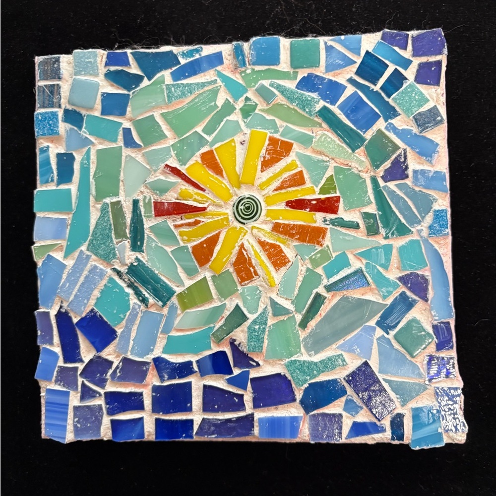 Handmade Glass Mosaic Hanging Art Flower 
Square 6” onWood by Victoria Heisler